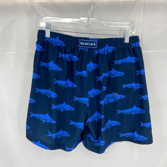 Seastate Men M Swim Trunk Mesh Lined Fish Print Navy Blue 5" Inseam Beach Pool - Picture 2 of 9